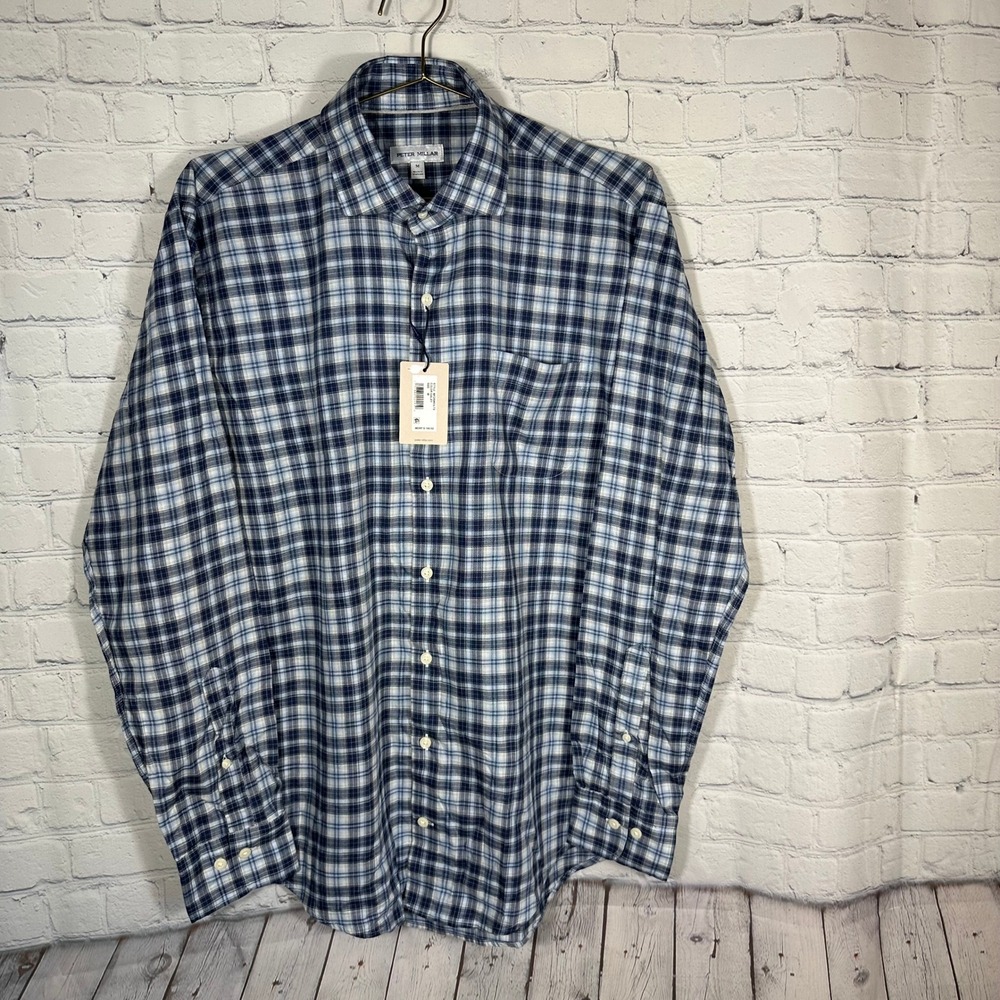 NEW Peter Millar Mens Plaid Button Down Shirt Blue Galaxy MF24W05LTS Size M NWT